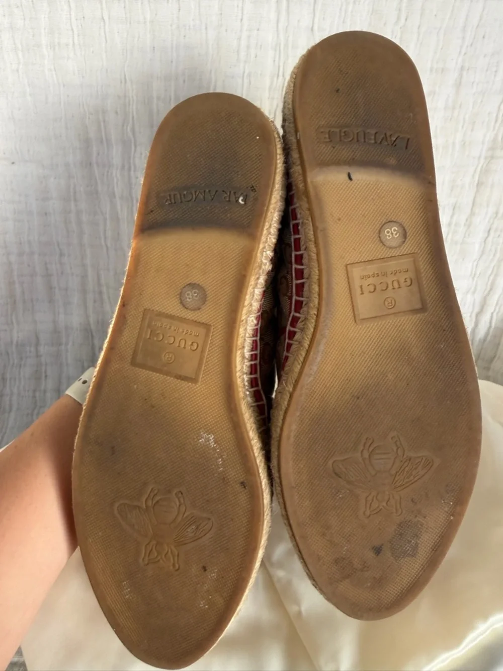 Gucci GG Canvas Espadrille Flats with Red Trim and Gold Double G